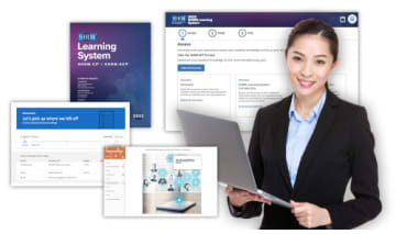 Woman with screenshots of SHRM Learning System